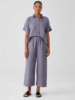 Eileen Fisher Organic Linen Delave Black Wide Leg Crop Pants
